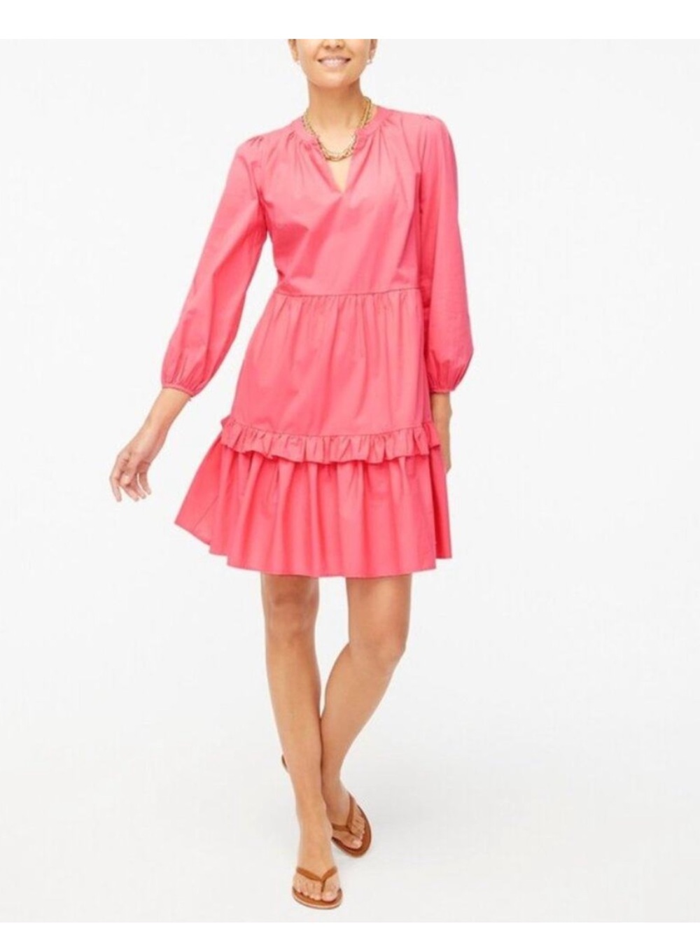 J. Crew sz Small Pink Ruffle Tiered 3/4 Sleeve Mini Dress babydoll barbiecore